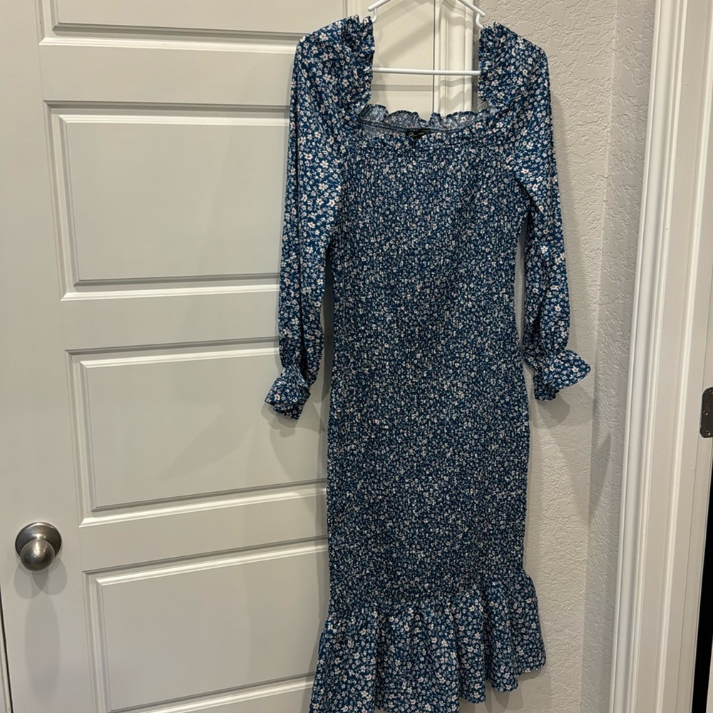 Women's Long Puff Sleeve Floral Midi Bodycon Dresses Square Neck Ruffle